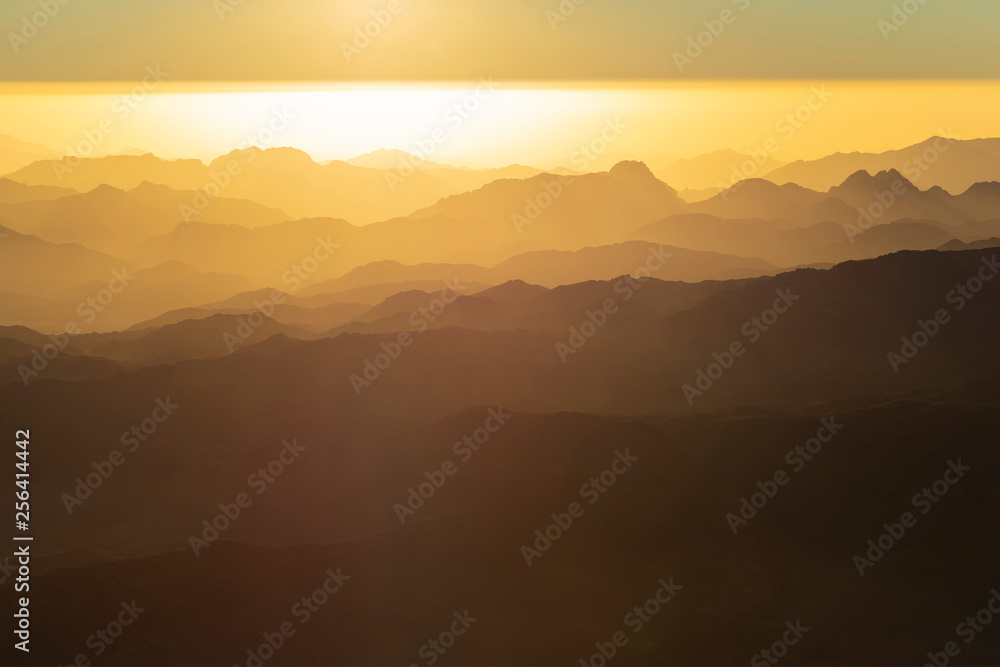 Obraz premium Egypt. Mount Sinai in the morning at sunrise. (Mount Horeb, Gabal Musa, Moses Mount). Pilgrimage place and famous touristic destination.
