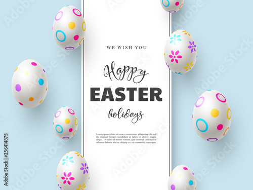 Happy Easter holiday composition with Easter eggs on blue background with greeting text. Top view with copy space. Vector illustration.