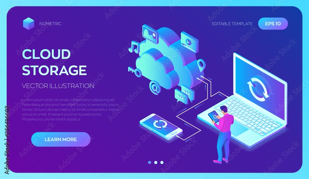 Cloud storage. Cloud Computing Technology Isometric Concept with Laptop and Smartphone Icons. User male character. Synchronization of devices. Vector illustration. Cloud storage. Cloud Computing Technology Isometric Concept with Laptop and Smartphone Icons. User male character. Synchronization of devices. Vector illustration.