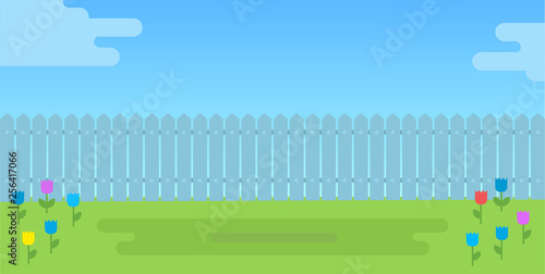 Backyard with a fence and flower lawn vector icon flat isolated