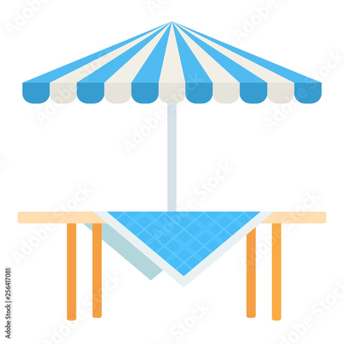 Wooden picnic table with umbrella vector icon flat isolated