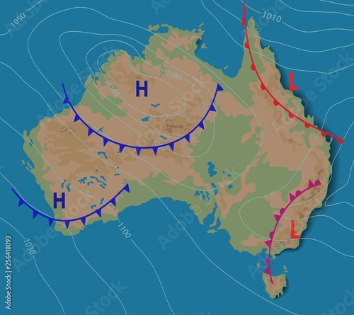 Weather forecast of Australia. Meteorological weather map of the AUSTRALIA. Realistic synoptic map with aditable generic map showing isobars and weather fronts. Topography and physical map.