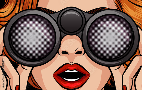 Color vector pop art style illustration of a girl looking through binoculars. Female surprised face close up. A woman is holding binoculars in her hands. Design for discounts, sales for women.