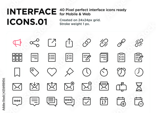 40 Interface Icons 01, pixel perfect, created on 24x24px grid, ready for all mobile platforms, web and print, easy to change color or size 