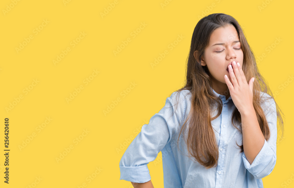 Young beautiful brunette business woman over isolated background bored yawning tired covering mouth with hand. Restless and sleepiness. Young beautiful brunette business woman over isolated background bored yawning tired covering mouth with hand. Restless and sleepiness.