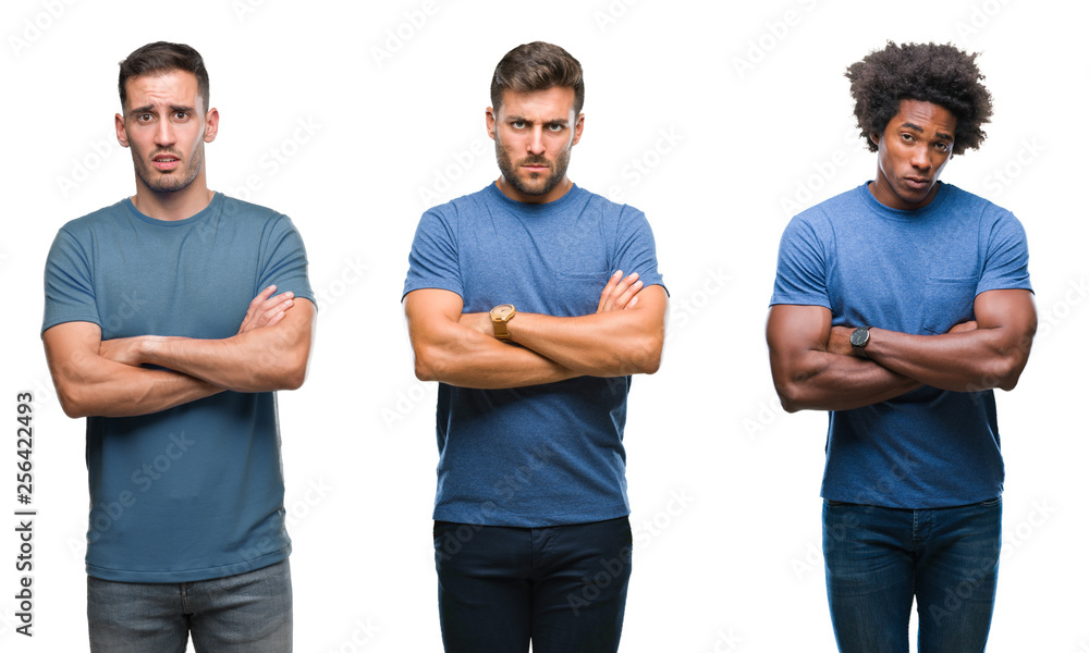 Collage of group of hispanic and african american men over isolated background skeptic and nervous, disapproving expression on face with crossed arms. Negative person. Collage of group of hispanic and african american men over isolated background skeptic and nervous, disapproving expression on face with crossed arms. Negative person.