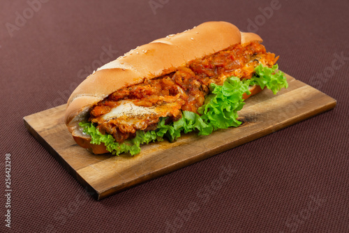 sandwich on wooden board