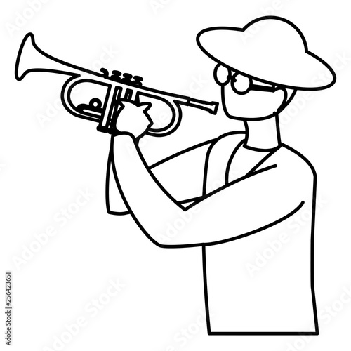 black musician jazz with hat and sunglasses playing trumpet