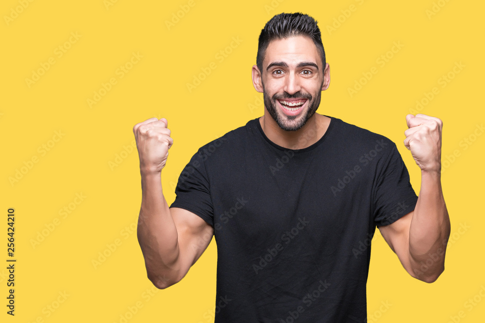 Young handsome man over isolated background celebrating surprised and amazed for success with arms raised and open eyes. Winner concept. Young handsome man over isolated background celebrating surprised and amazed for success with arms raised and open eyes. Winner concept.