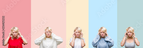 Collage of beautiful blonde woman over colorful stripes isolated background with hand on head for pain in head because stress. Suffering migraine.