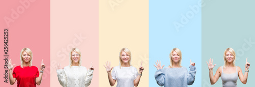 Collage of beautiful blonde woman over colorful stripes isolated background showing and pointing up with fingers number six while smiling confident and happy.