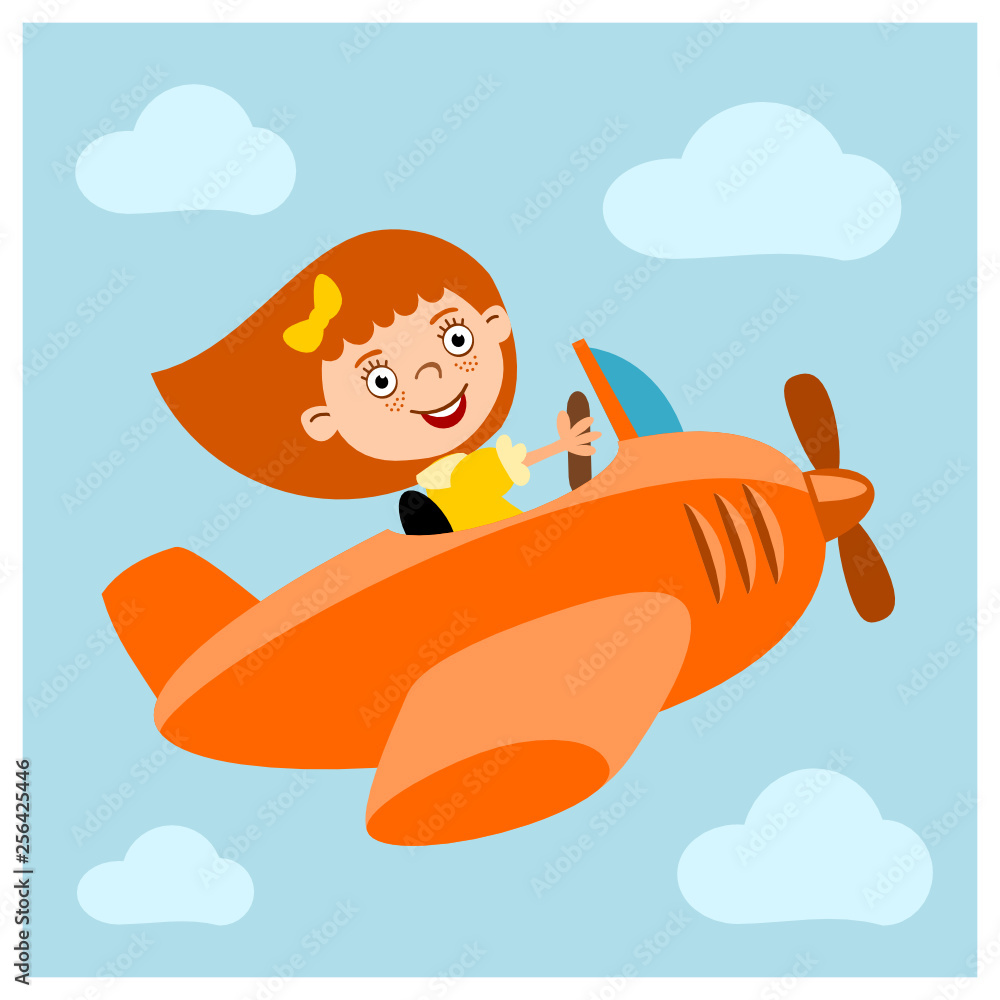 Funny girl in cartoon style flying on airplane. Stock Vector | Adobe Stock