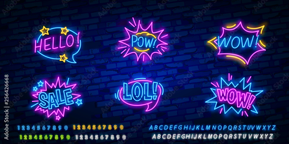 Big set of Comic speech bubble with expression text Wow, Pow, Hello, LOL, SALE. OMG. Design template neon sign, light banner, neon signboard, light inscription. Vector illustration - obrazy, fototapety, plakaty 