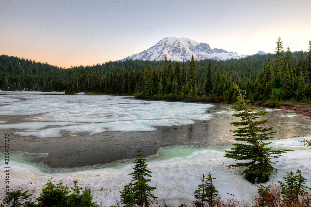 Frozen Reflection Lake and  Mount Rainier at Mount Rainier National Park, Washington State, USA