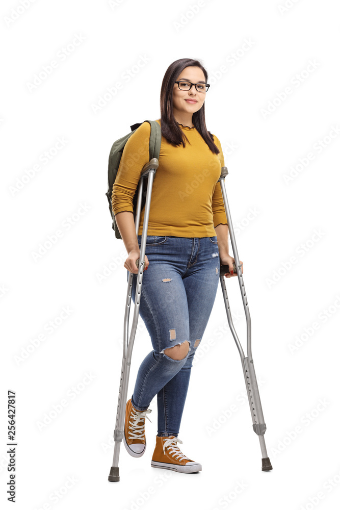 Female student with crutches Female student with crutches