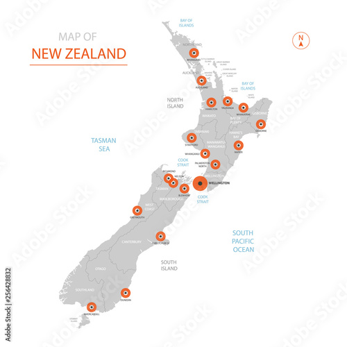 Stylized vector New Zealand map showing big cities, capital Wellington, administrative divisions.