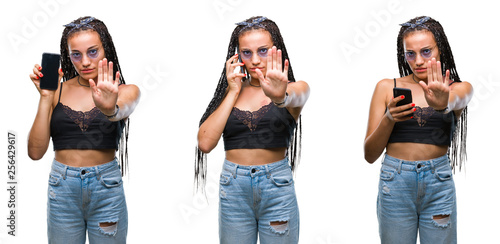 Collage of beautiful african american woman with birth mark using smartphone over isolated background with open hand doing stop sign with serious and confident expression  defense gesture
