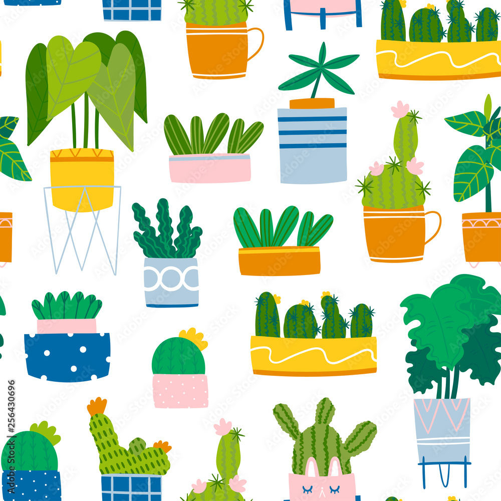Various home plants. Various pots. Monstera, rubber plant and cacti. Indoor potted plants. Hand drawn trendy set. Cartoon flat vector illustration. Home decor. Seamless pattern Various home plants. Various pots. Monstera, rubber plant and cacti. Indoor potted plants. Hand drawn trendy set. Cartoon flat vector illustration. Home decor. Seamless pattern
