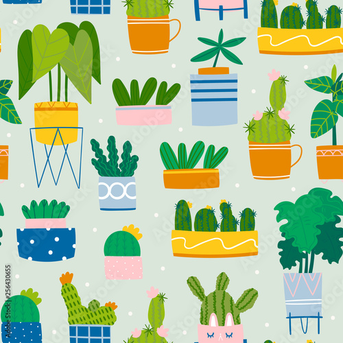 Various home plants. Various pots. Monstera, rubber plant and cacti. Indoor potted plants. Hand drawn trendy set. Cartoon flat vector illustration. Home decor. Seamless pattern