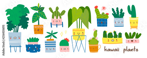 Various kawaii home plants with face emotions. Monstera, rubber plant and cacti. Indoor potted plants. Hand drawn trendy set. Cartoon flat vector illustration. Home decor. All elements are isolated