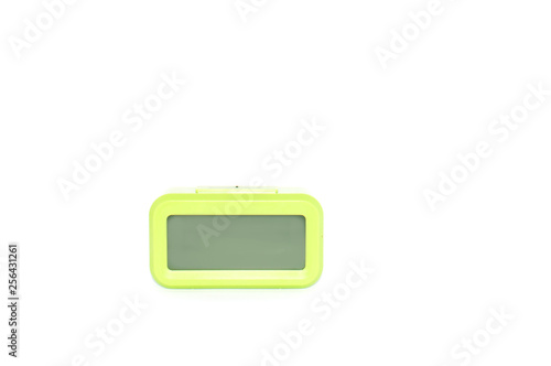 Light green electronic clock on a white background. Time symbol