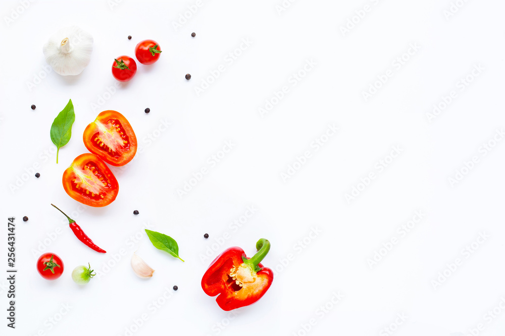 Various fresh vegetables and herbs on white. Healthy eating concept Various fresh vegetables and herbs on white. Healthy eating concept