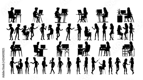 Business People Silhouette Set Vector. Man, Woman. Group Outline. Person Shape. Professional Team. Formal Suit. Businessman Profile. Casual Female. Partnership Work. Teamwork Success. Illustration
