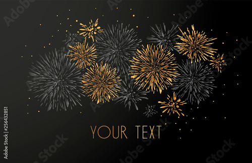 Template design of invitation with gold fireworks. Festive design postcards, invitations, brochures, cover, border. element for design. Design element for elegant festive projects and awards 
