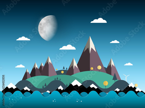 Mountains and Hills on Island. Sea with Moon on Evening Sky Vector Landscape Illustration.