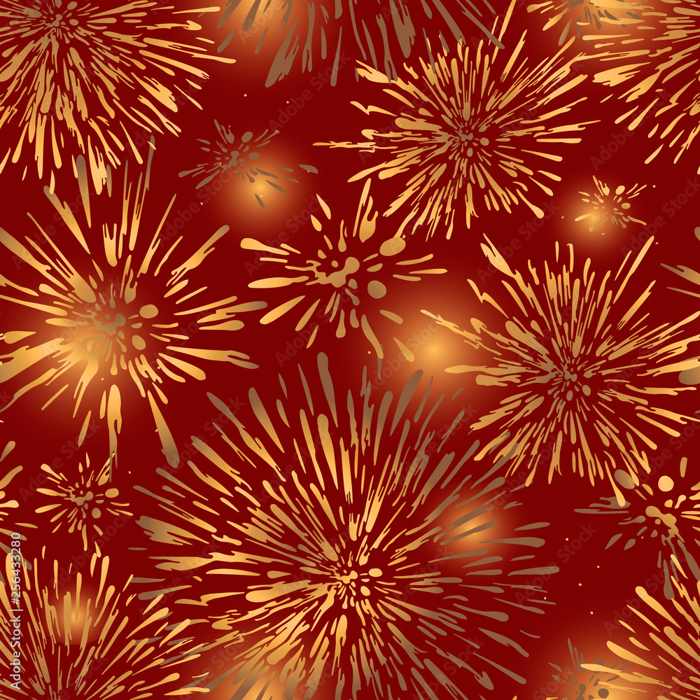Colorful festive fireworks seamless pattern design. Seamless background with abstract spots. Gold metal stars on red background.A new texture for your design,wrapping paper, wallpaper, fabric. 