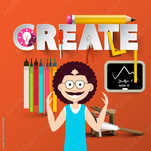 Skilled Man in Workroom with Creative Tools and Create Title on Background. Vector Creativity Concept.
