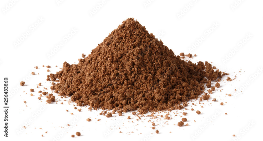 Pile of brown powder (cocoa, coffee, chocolate or cinnamon), isolated on white background Pile of brown powder (cocoa, coffee, chocolate or cinnamon), isolated on white background