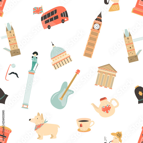 Seamless pattern with London ladmarks photo