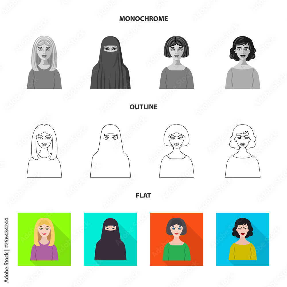 Vector illustration of hairstyle and profession symbol. Collection of hairstyle and character stock symbol for web. Vector illustration of hairstyle and profession symbol. Collection of hairstyle and character stock symbol for web.