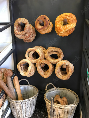 Morning greek bread and buns. Cafe interior