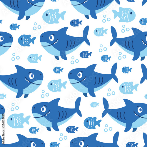 Cute sea vector animals of the deep: fish and shark.  Cartoon seamless pattern on a color background. It can be used for backgrounds, surface textures, wallpapers, pattern fills