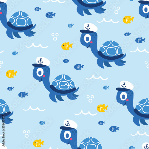 Photography Cute sea vector animals of the deep: fish and turtle