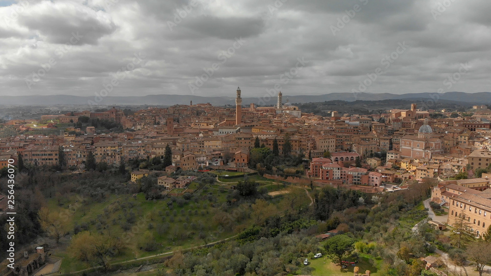 Amazing aerial view of Siena medieval skyline, Tuscany.