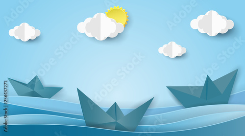 Sailboats on the ocean landscape with sea view on clear blue sky,Summer concept.Paper art style.