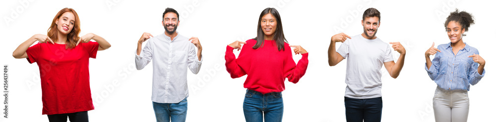 Collage of group chinese, indian, hispanic people over isolated background looking confident with smile on face, pointing oneself with fingers proud and happy. Collage of group chinese, indian, hispanic people over isolated background looking confident with smile on face, pointing oneself with fingers proud and happy.