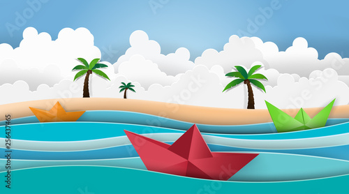Fototapeta Naklejka Na Ścianę i Meble -  Summer beach palm trees on the beach with boat sailing in the sea.Paper art style.