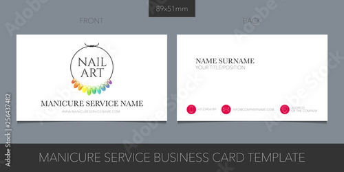 Manicure salon, nail master vector business card with logo, icon and contact details
