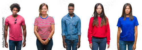 Composition of african american, hispanic and chinese group of people over isolated white background skeptic and nervous, frowning upset because of problem. Negative person.