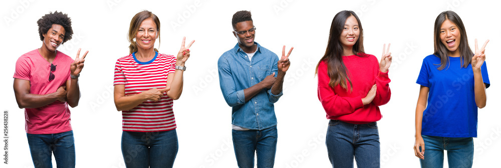 Naklejka premium Composition of african american, hispanic and chinese group of people over isolated white background smiling with happy face winking at the camera doing victory sign. Number two.