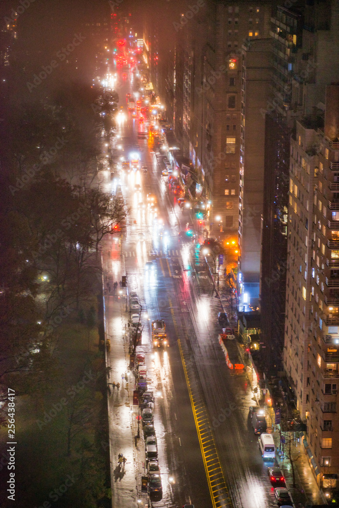 Night traffic along the fifth avenue. Aerial view of Manhattan, New York City