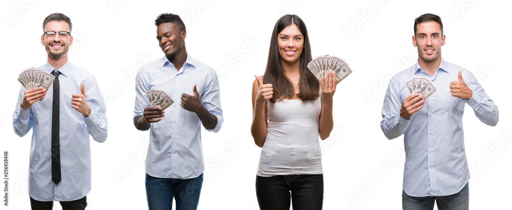 Obraz premium Collage of group team of workers holding bank notes dollars over isolated background happy with big smile doing ok sign, thumb up with fingers, excellent sign