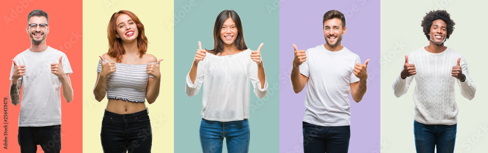 Composition of african american, hispanic and chinese group of people over vintage color background success sign doing positive gesture with hand, thumbs up smiling and happy. Looking at the camera Composition of african american, hispanic and chinese group of people over vintage color background success sign doing positive gesture with hand, thumbs up smiling and happy. Looking at the camera