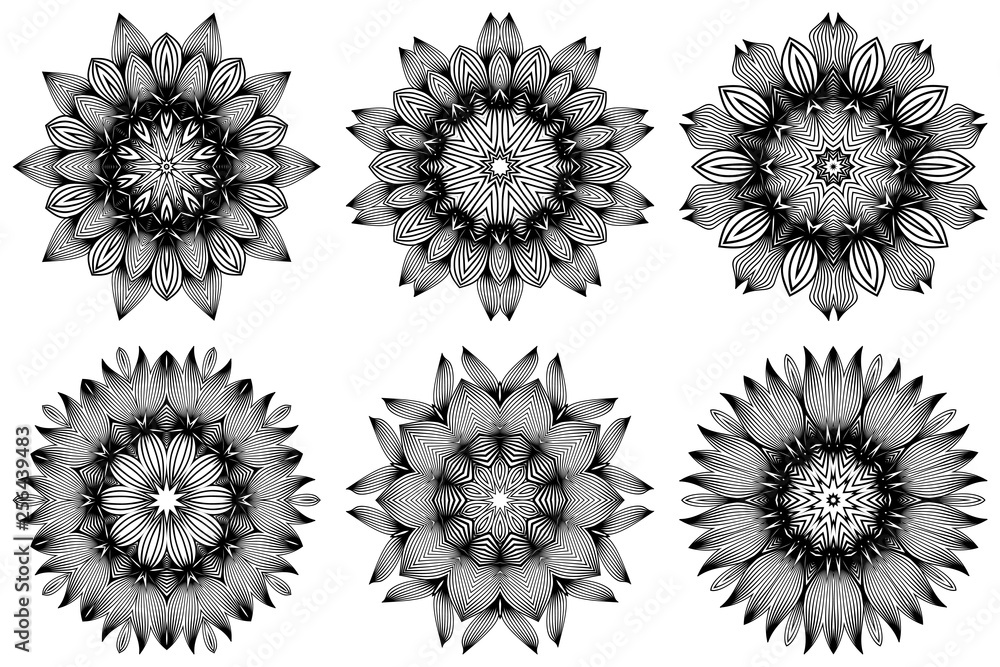 Set of Pattern Of Mandala . Vector Illustration. Modern Decorative Floral Color Mandala. Decorative Cicle Ornament. Floral Design. Black white color Set of Pattern Of Mandala . Vector Illustration. Modern Decorative Floral Color Mandala. Decorative Cicle Ornament. Floral Design. Black white color