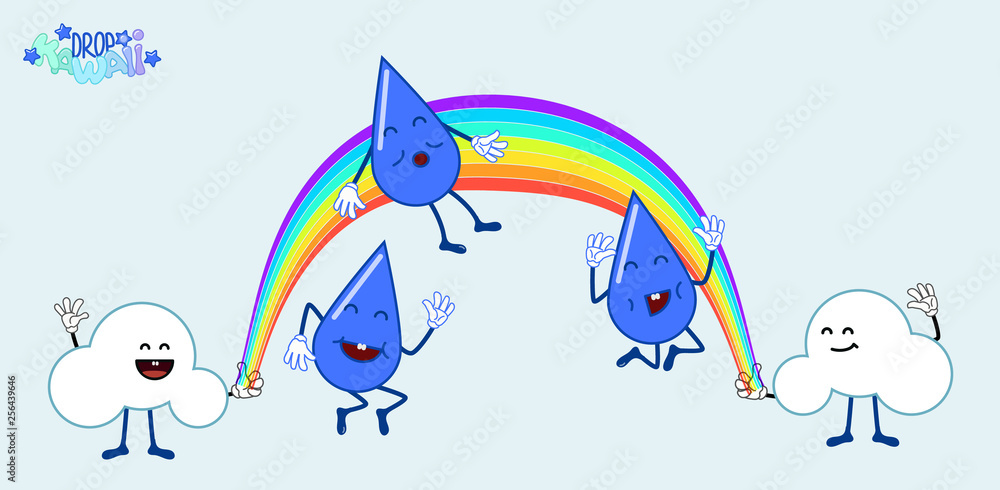 Cute kawaii raindrops jumping over rainbow with clouds. Children's illustration of rain, vector.