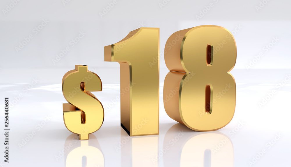 Obraz premium 18 dollar price symbol. red text number 3d render with dollar sign on white background - Illustration